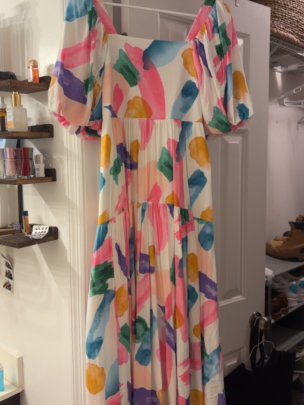 entro Multicolor Watercolor Puff-Sleeve Maxi Dress on White
